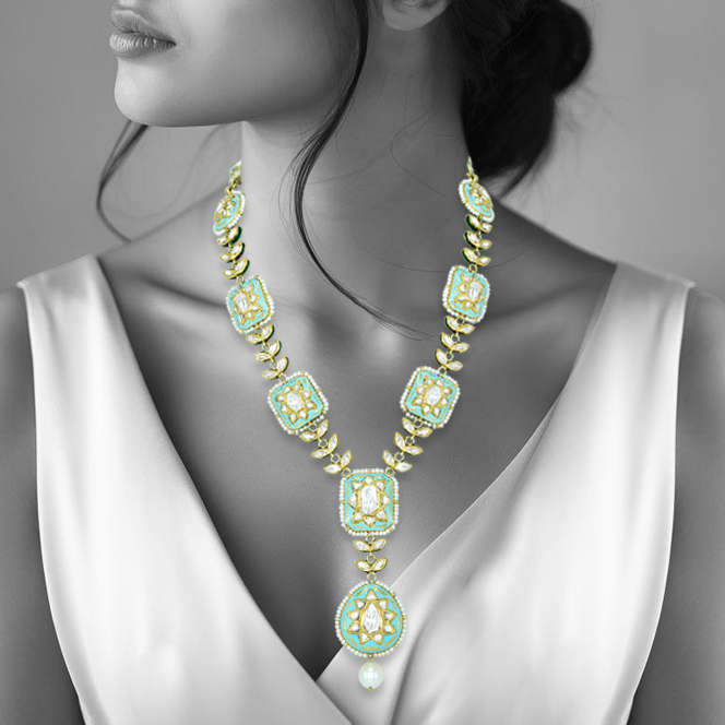 Square Polki Necklace with Turquoise Enamel and Pearl Drop